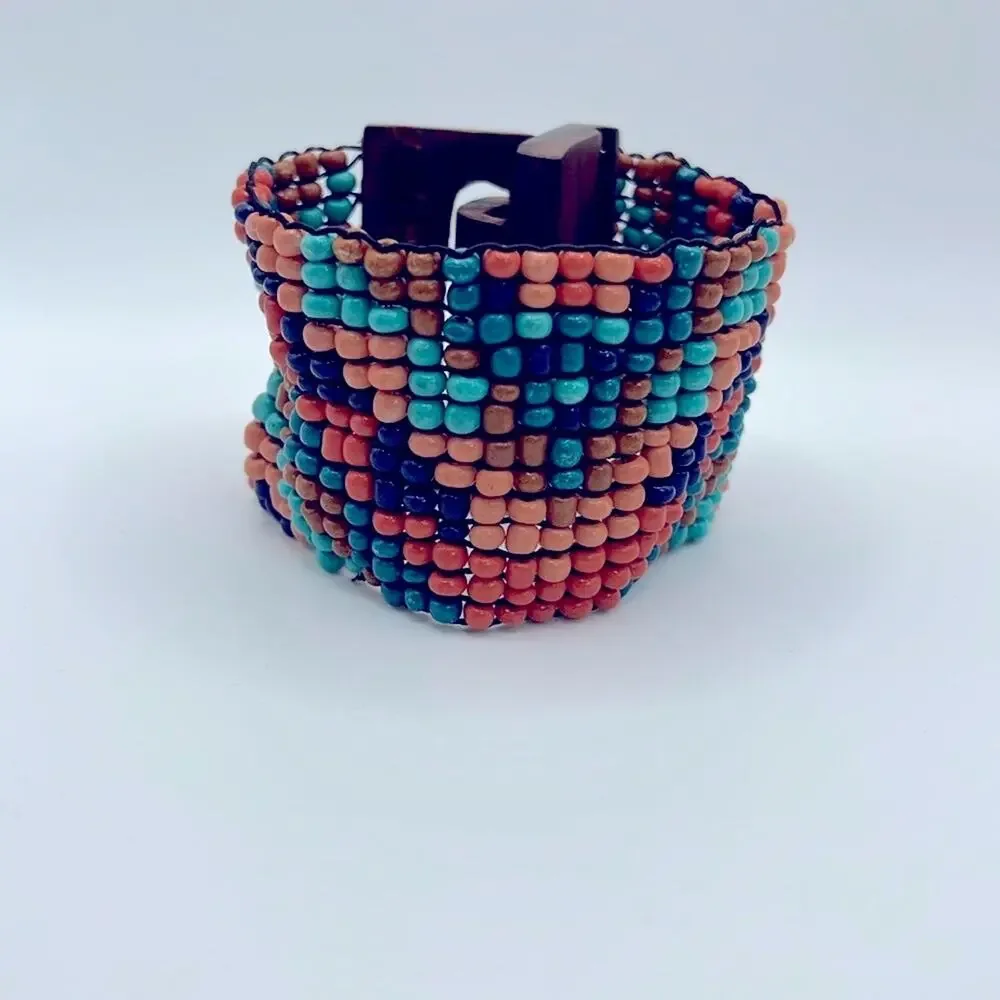 Colorful Boho Beaded Bracelet w/wooden clasp